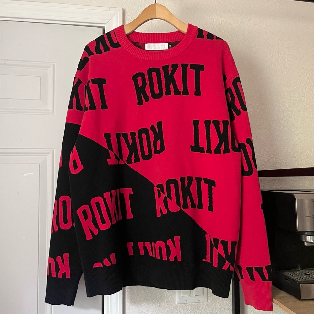 ROKIT black red logo cotton chunky knit crew neck long sleeve pullover sweater